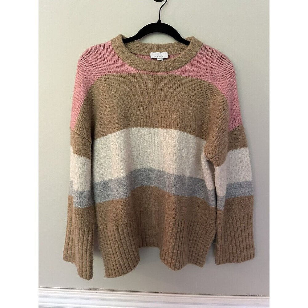 Topshop Supersoft Stripe Sweater Long Sleeve Crew Neck Color Blocked Tan US 8-10